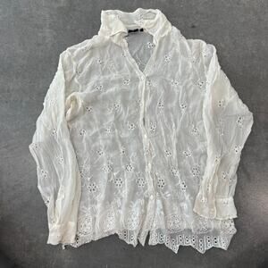Vintage Y2K ECI Eyelet Floral Cutout White Silk Button Up Blouse Women's Large